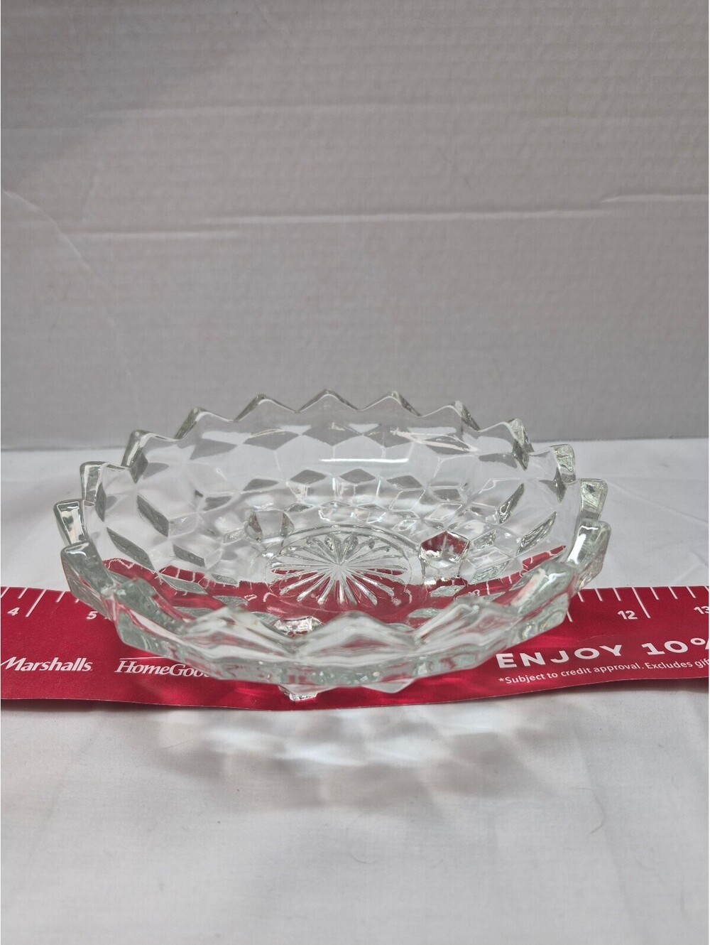 Vintage Fostoria Clear Glass Ashtray with Geometric Pattern and Raised Feet J104
